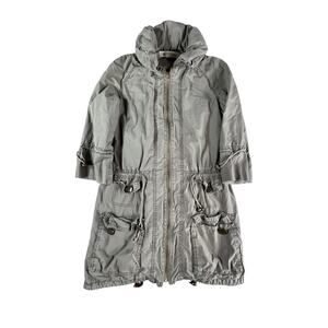 Murmur Jacket Womens Small Gray Long Hooded Coat Pockets Button Zip 3/4 Sleeve